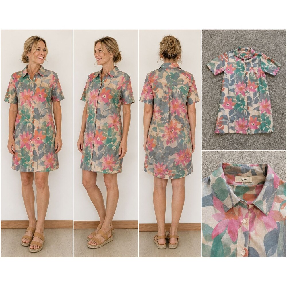 Dylan Floral Shirt Dress Women's Small 100% Cotton Button Front Short Sleeve